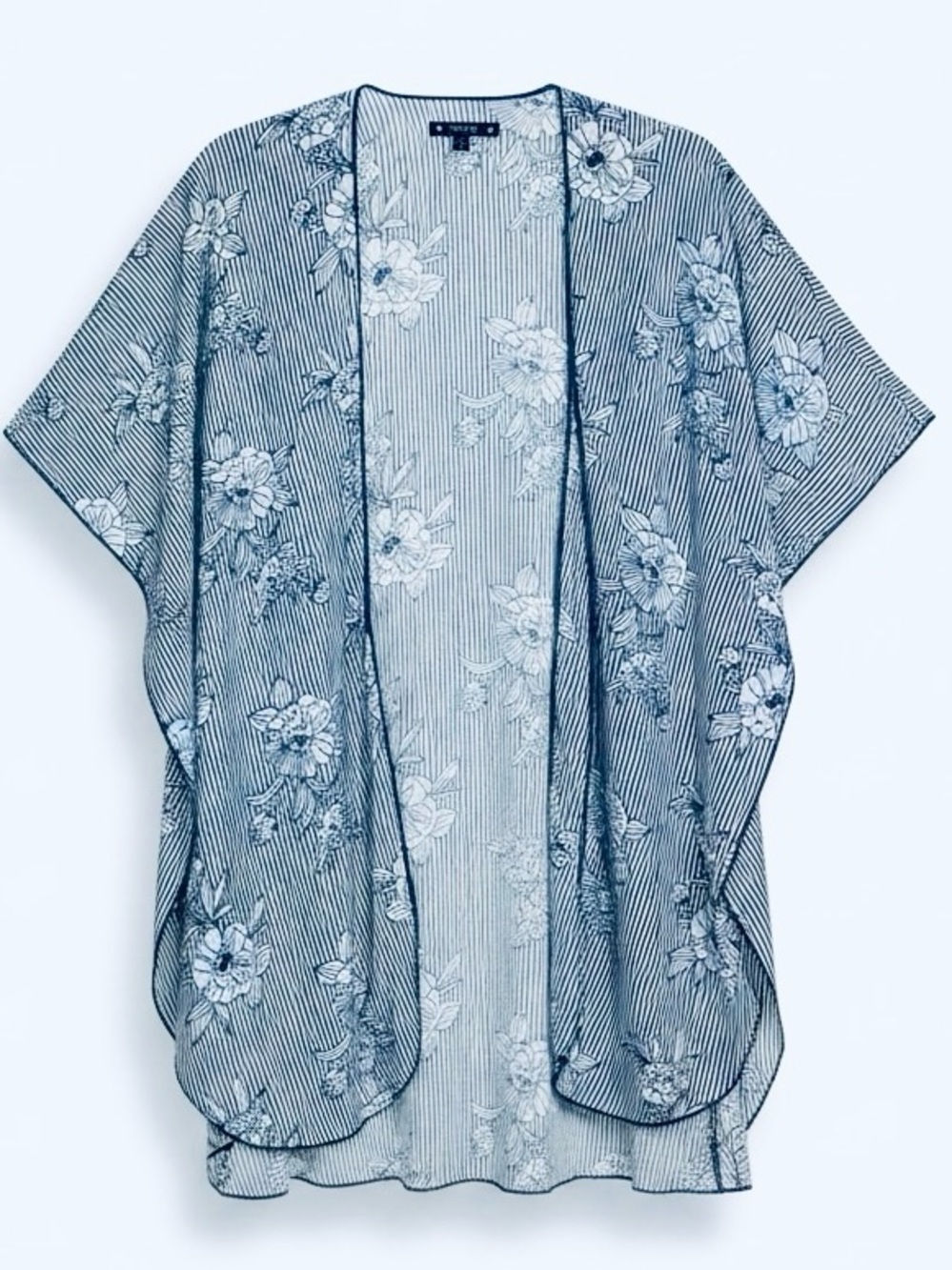 Try This One Size Blue White Floral Print lightweight Kimono Open Cardigan | EUC